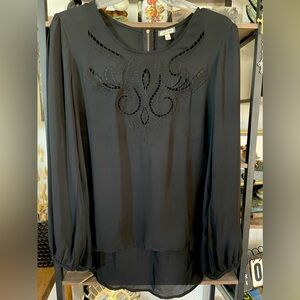 Black semi sheer long sleeve hi-low top with zipper and lace detail on front xl